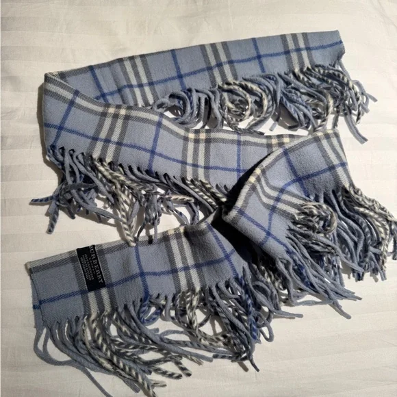 Burberry Light Blue Plaid Cashmere Scarf with Navy and Gray Accents - Picture 1 of 4
